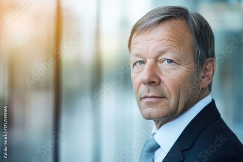 Confident man in suit gazes thoughtfully, reflecting professiona photo