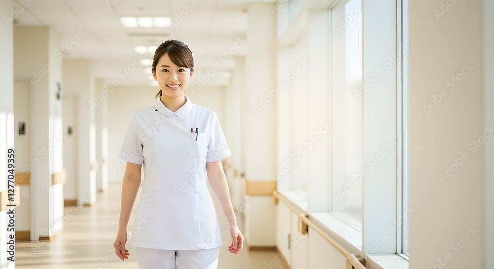 A beautiful happy female Nurse in medical uniform, full body, in a hospital, a little bit blur background with side copy space, with background sunshine A beautiful happy female Nurse in medical uniform, full body, in a hospital, a little bit blur background with side copy space, with background sunshine