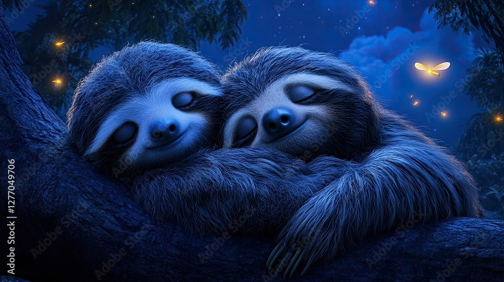 Naklejka premium A heartwarming scene of two adorable sloths cuddling together on a tree branch under a magical moonlit night, surrounded by glowing fireflies and a dreamy jungle atmosphere – AI Generated Digital Art.
