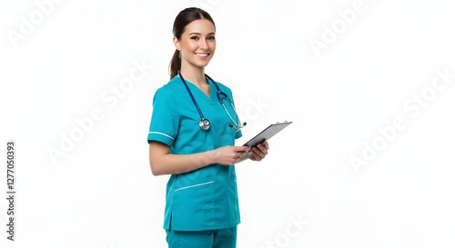 A beautiful happy female Nurse in medical uniform, full body, isolated on a white background, with copy space