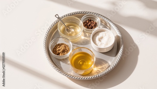 assorted persian ingredients with honey, spices, and sugar on silver tray in soft sunlight, traditional middle eastern flavors for cooking

