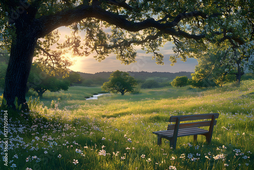 Tranquil Reflection: A Bench Amidst Nature's Symphony at Dusk