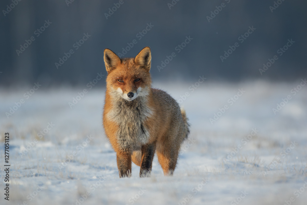 Fototapeta premium A fox looking at the camera in a winter meadow