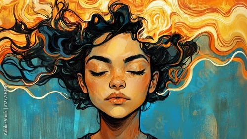 Portrait of a young woman with flowing hair and vibrant color patterns illustrating inner thoughts and emotions
