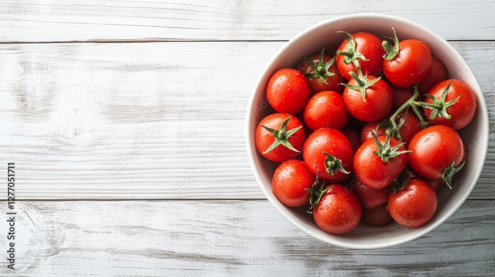 Fresh cherry tomatoes in a white bowl on rustic wooden table Fresh cherry tomatoes in a white bowl on rustic wooden table