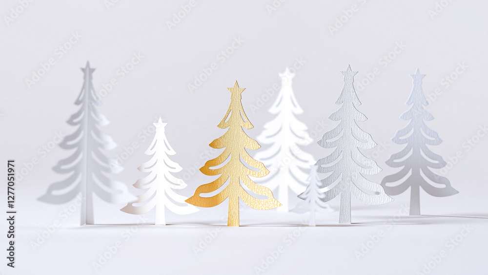 Fototapeta premium gold silver and white paper christmas trees on white background