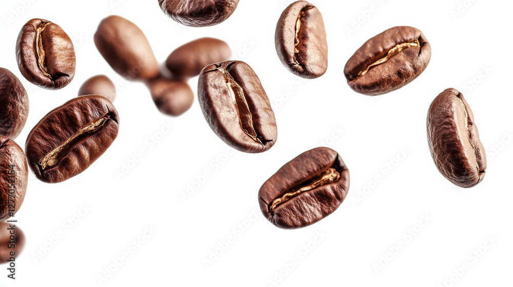 Coffee beans captured mid-air as they fall, isolated on a white background with a clipping path Coffee beans captured mid-air as they fall, isolated on a white background with a clipping path