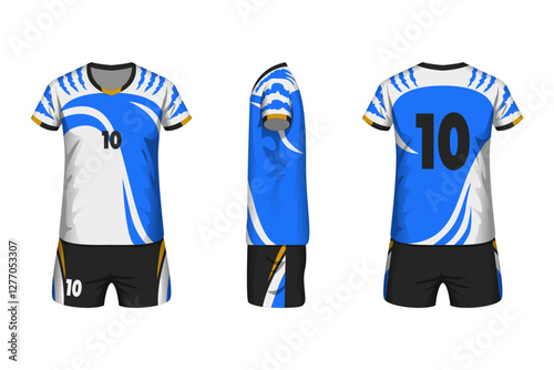Volleyball jersey mockup white, blue and black colors with front, side and back view.