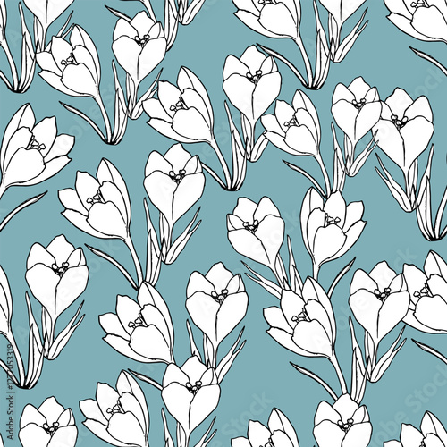 Crocuses on a turquoise background. Botanical pattern with crocuses.
