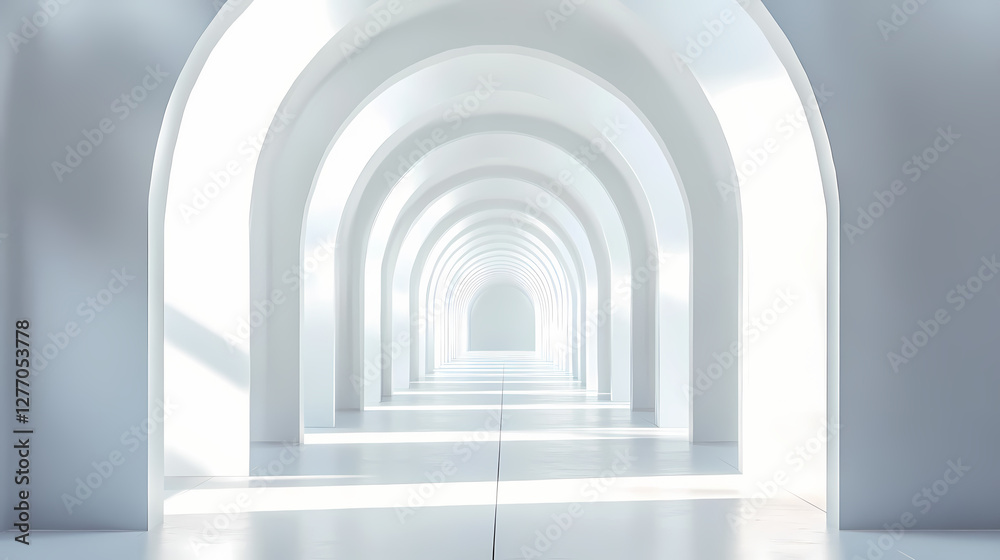 White arched hallway leading to bright light. Luminous Infinite Corridor. Illustration White arched hallway leading to bright light. Luminous Infinite Corridor. Illustration
