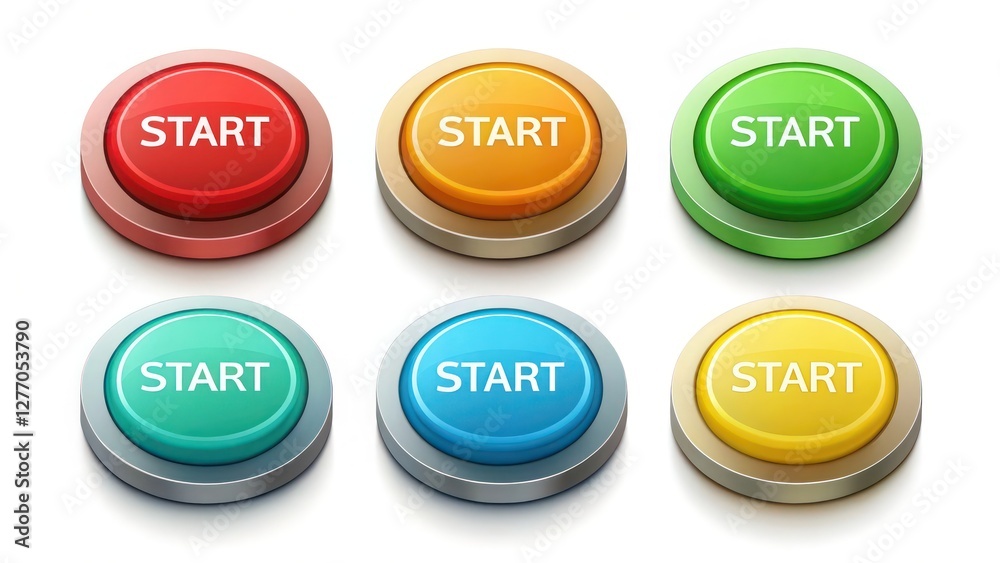 Set of Start Button Collection for Action and Process Initiation in Automation Technology on White Background Set of Start Button Collection for Action and Process Initiation in Automation Technology on White Background