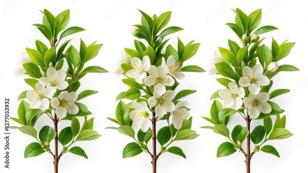 Fototapeta premium Set of Delicate Blossoms and Greenery on White Background