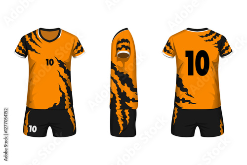 Volleyball jersey mockup orange color and tiger pattern with front, side and back view.