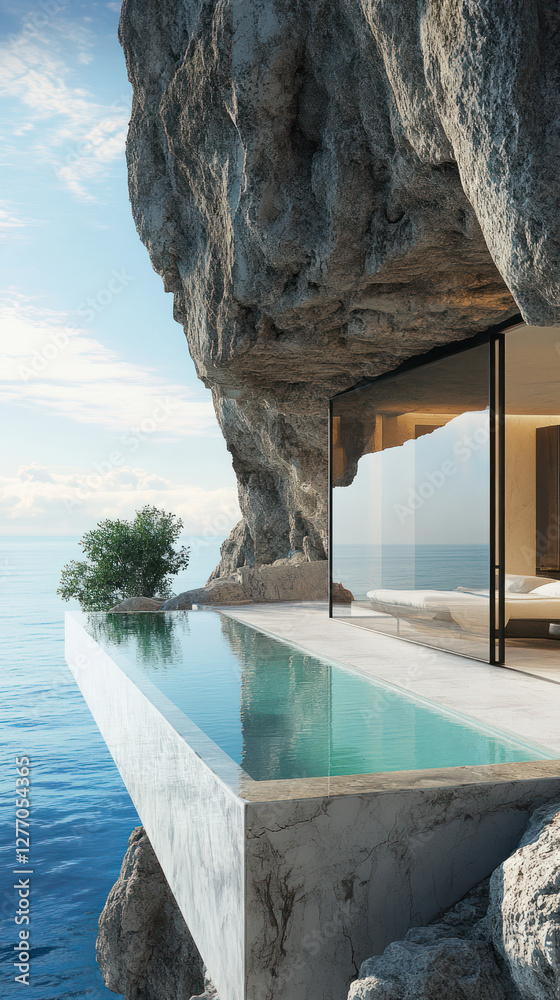 Luxurious infinity pool overlooking ocean, surrounded by rocky cliffs and modern architecture. serene escape with stunning views and natural beauty