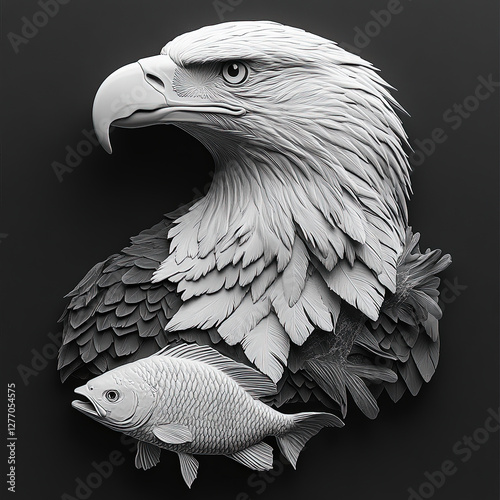 Majestic Eagle Sculpture with Fish: A Detailed and Powerful Artistic Representation of a Bird of Prey photo