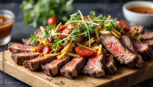 Delectable matambre steak with fresh veggies on wooden platter, culinary artistry photo