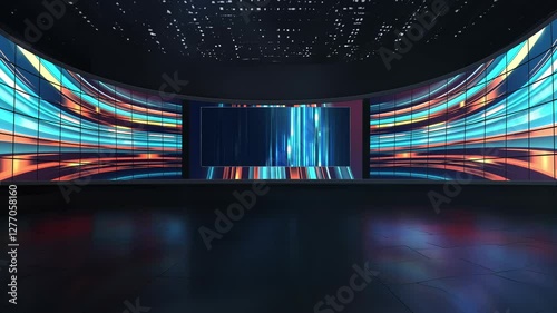Virtual studio set with large led wall displaying abstract graphics