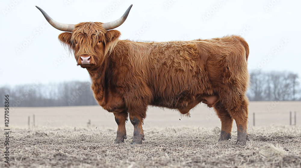 Brown scottish highland cow standing on a field. Brown scottish highland cow standing on a field.