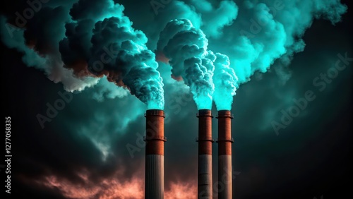 Industrial Pollution Emissions from Factory Smokestack Releasing Blue Toxic Gases into Atmosphere Wallpaper Background photo