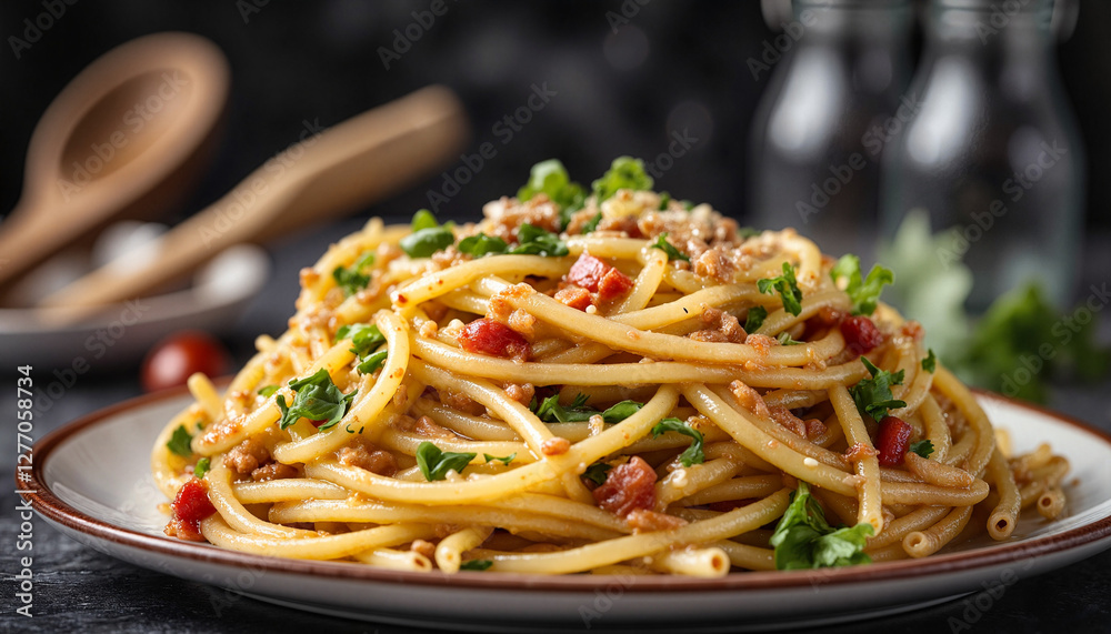 Delicious spaghetti topped with herbs in rustic kitchen, comfort food Delicious spaghetti topped with herbs in rustic kitchen, comfort food