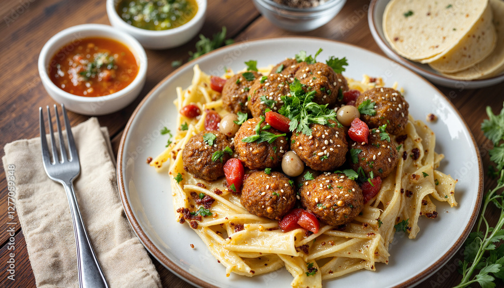 Appetizing sardine balls with pasta and sauces on wooden table, culinary delight Appetizing sardine balls with pasta and sauces on wooden table, culinary delight