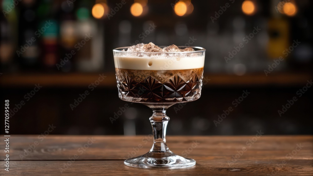 Elegant cocktail glass filled with creamy coffee-based drink on a wooden surface Elegant cocktail glass filled with creamy coffee-based drink on a wooden surface