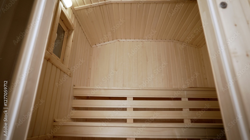 Empty sauna room with wooden benches and ceiling light Empty sauna room with wooden benches and ceiling light