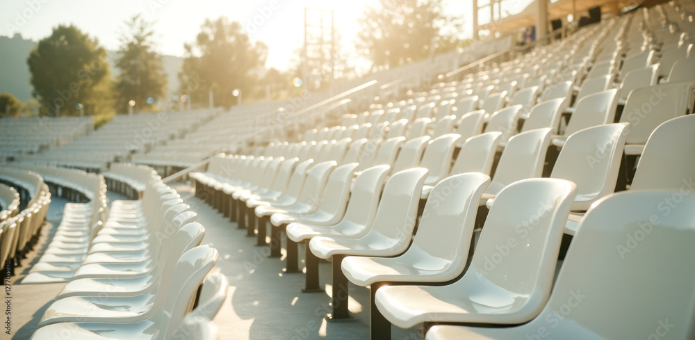 Obraz premium rows of white plastic seats in a sunlit outdoor amphitheater