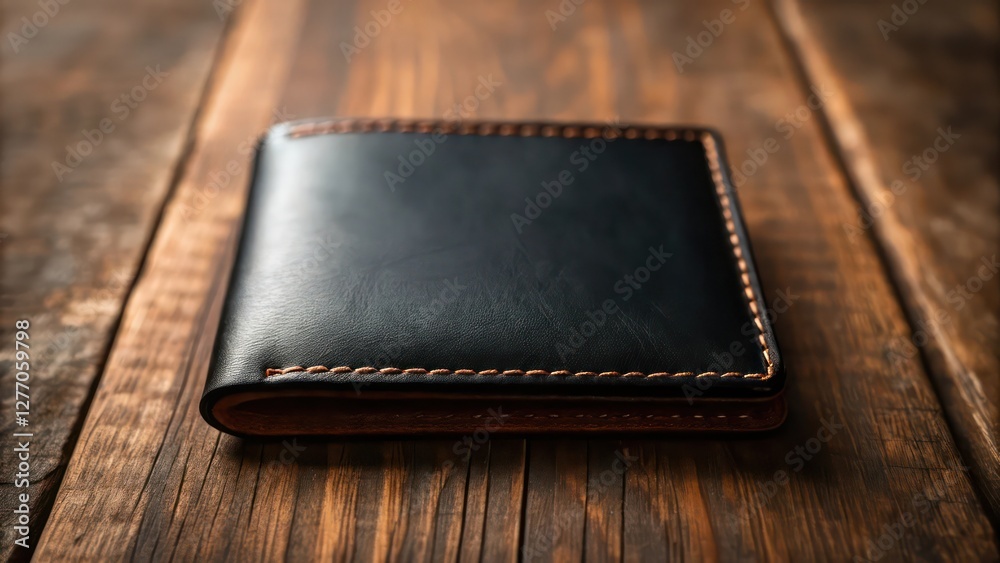 Classic black leather wallet placed on a flat surface representing finance or accessories Classic black leather wallet placed on a flat surface representing finance or accessories