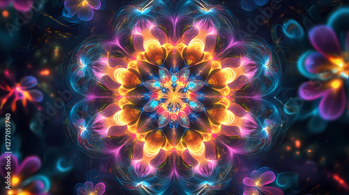Glowing neon floral kaleidoscope. Mystical Neon Fractals. Illustration
