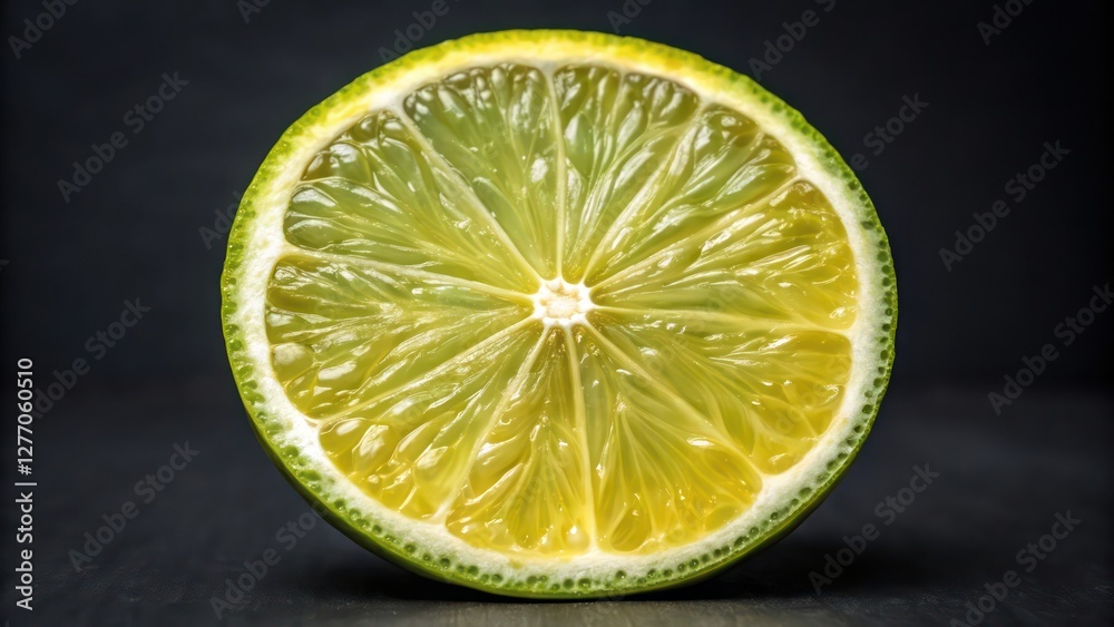 Refreshing Yellow Lemon Slice with Visible Juicy Texture and Tiny Water Droplets on Dark Background