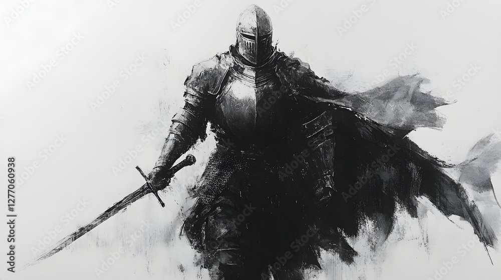 Fototapeta premium A knight in full armor stands ready with sword drawn, exuding strength and determination on a light background.