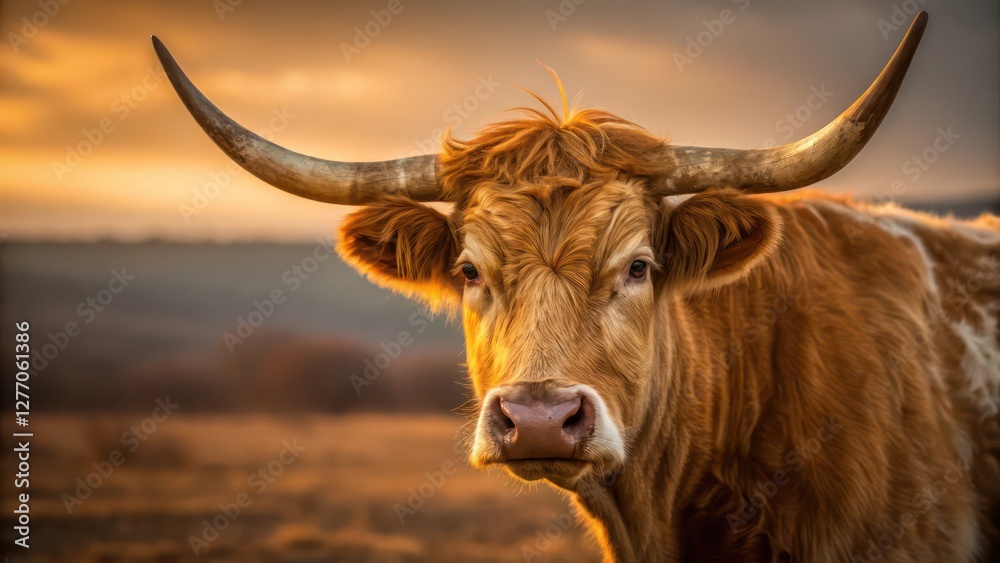 Close-Up Portrait of a Brown Highland Cow with Large Curved Horns, Staring Directly Into the Camera Close-Up Portrait of a Brown Highland Cow with Large Curved Horns, Staring Directly Into the Camera