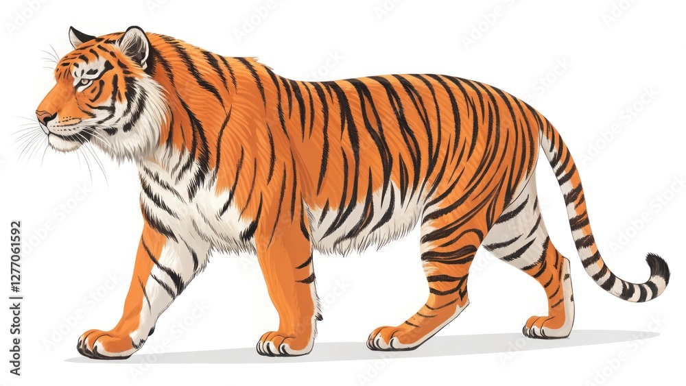 Obraz premium Powerful Majestic Tiger Walking with Confidence, Its Striking Orange and Black Stripes Making It Stand Out on White Background