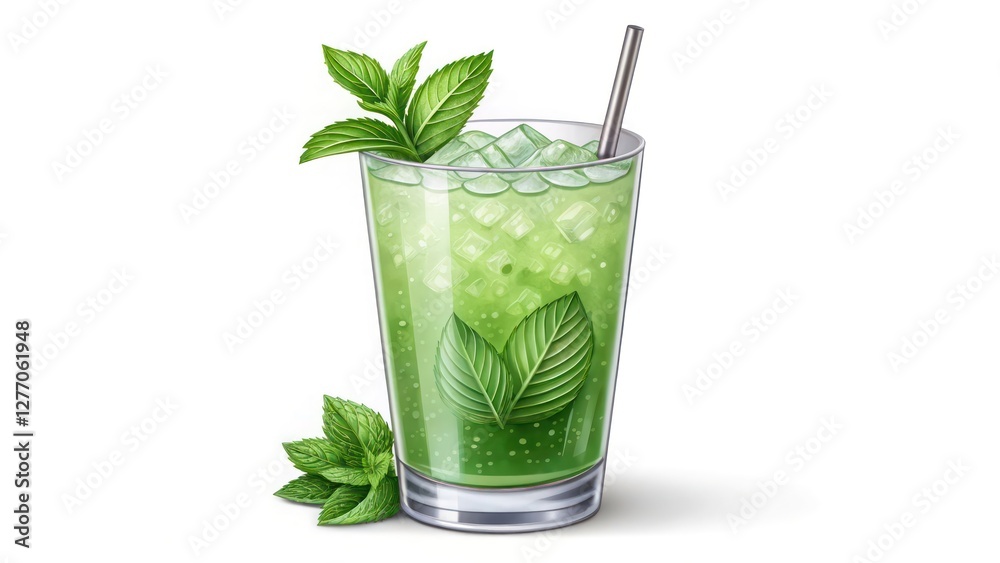 Illustration of a Refreshing Mint Beverage with Ice Cubes in a Glass for Summer Enjoyment