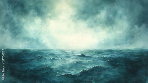 Stormy sea landscape, dramatic light, tranquil scene, artistic illustration, digital painting
