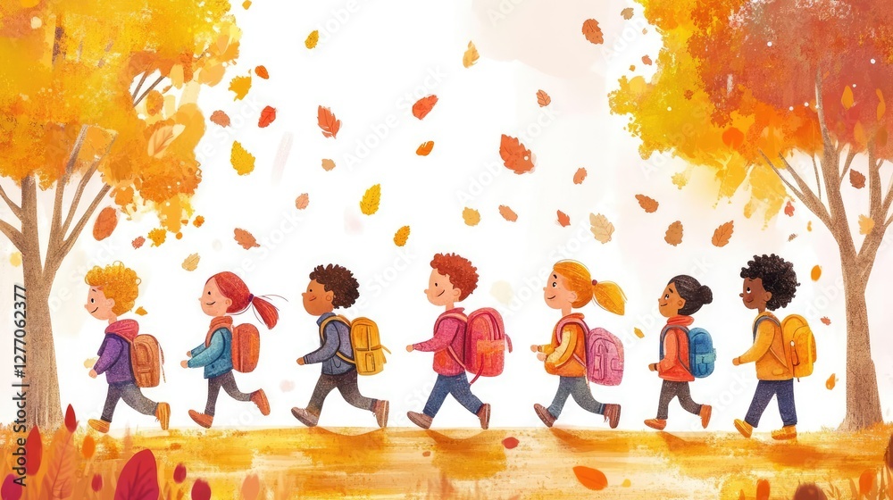 Fototapeta premium Kids First Day at School Excitement Happy Children Walking with Backpacks and Books Through Colorful Autumn Park Path