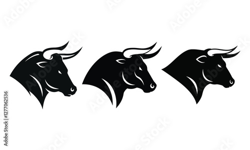 Set of silhouettes bull head vector Illustration, Detailed artwork, Minimalist design, isolated on white background. Simple shape for logo design, emblem, symbol, sign, badge, label, stamp