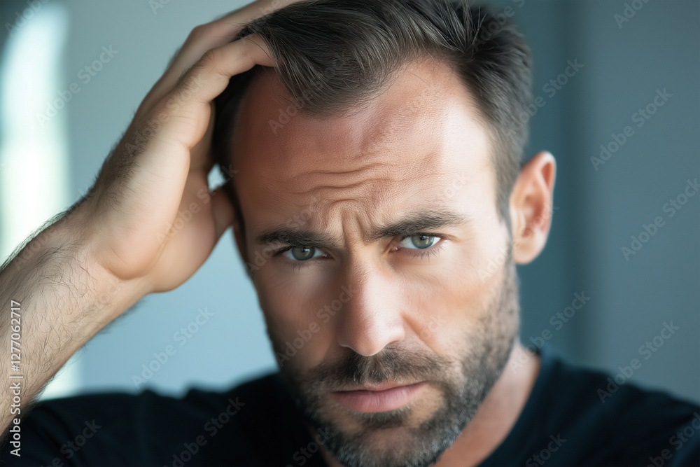 a man looks at his bald spots a man looks at his bald spots