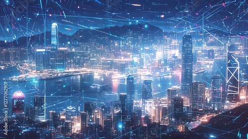 Futuristic cityscape with neon lights and digital overlay technology concepts