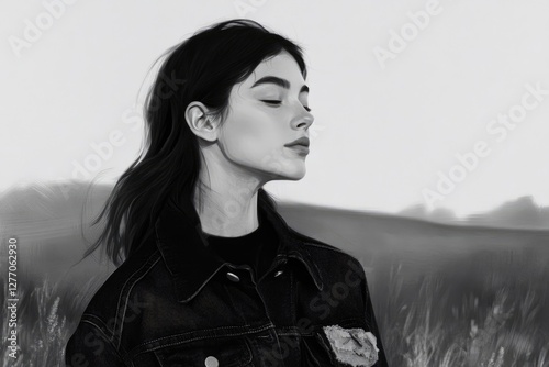 A grayscale portrait of a young woman with long hair, wearing a denim jacket, standing in a field.