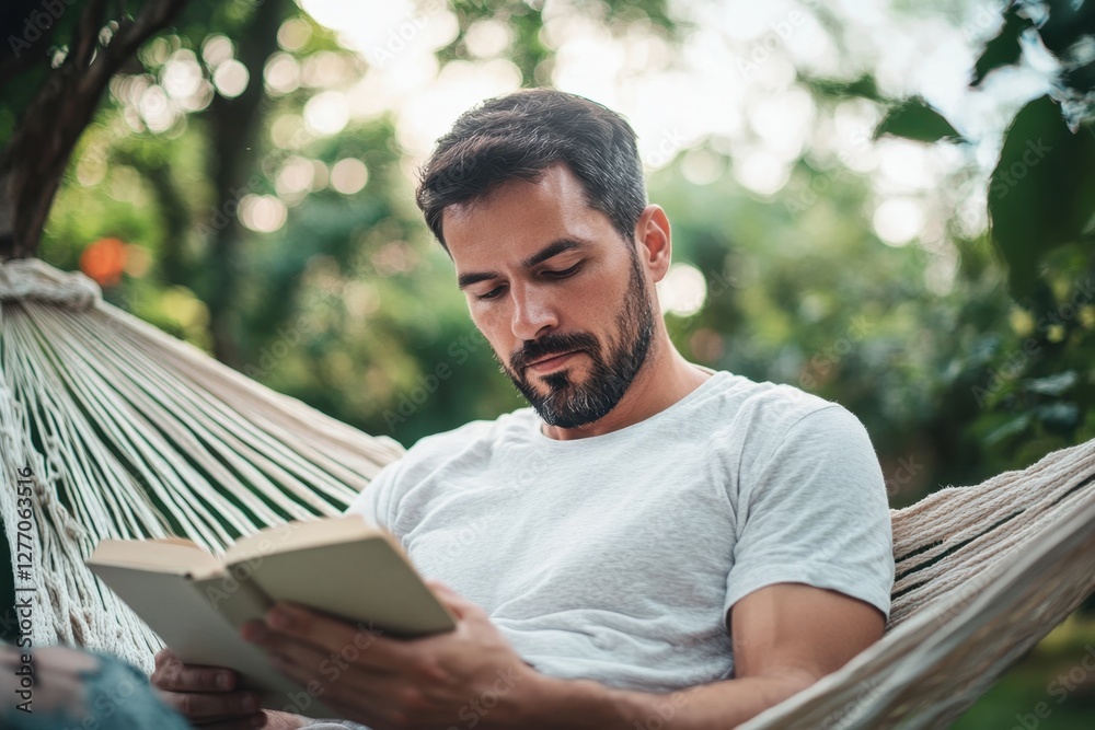Bearded Man Relaxing in Hammock, Enjoying a Book on a Tranquil Afternoon Outdoors Bearded Man Relaxing in Hammock, Enjoying a Book on a Tranquil Afternoon Outdoors