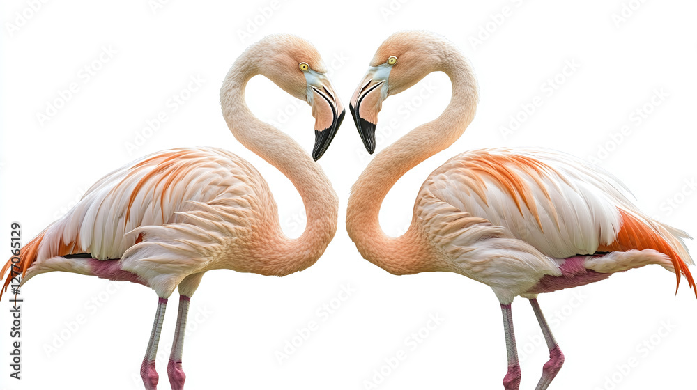Obraz premium Two flamingo birds forming a heart with their necks isolated on white background.