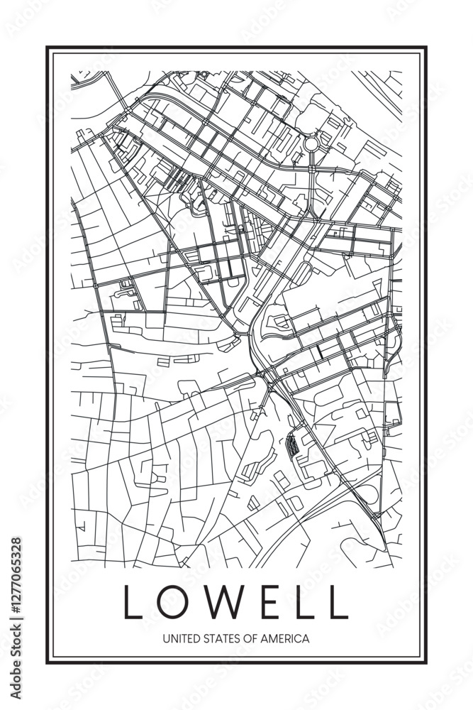Obraz premium Printable downtown road map poster of the USA town of LOWELL on solid white background with city name