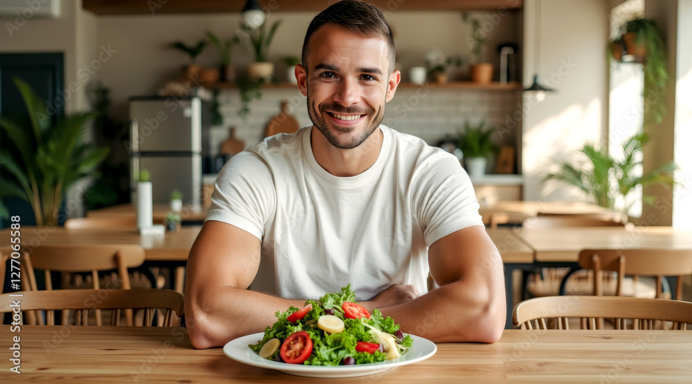 smiling man enjoying a healthy and colorful salad in a bright cafe setting smiling man enjoying a healthy and colorful salad in a bright cafe setting