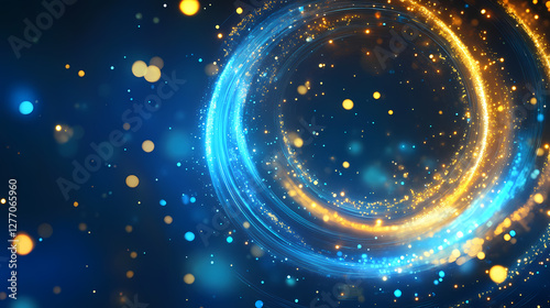 Abstract arcane dynamo background featuring glowing circular patterns radiating mystical energy in vibrant blue and golden hues. Mystical Neon Fractals. Illustration