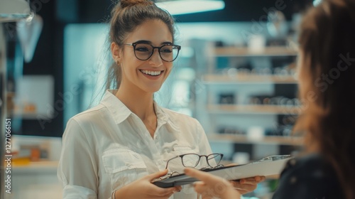 Optometrist assisting a customer with eyewear selection in a modern optical store