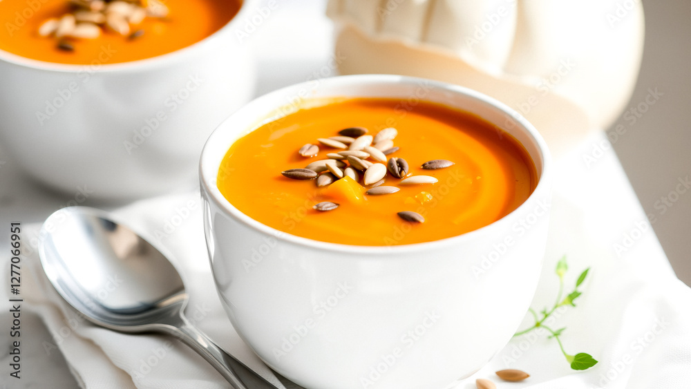 two bowls of creamy pumpkin soup garnished with pumpkin seeds two bowls of creamy pumpkin soup garnished with pumpkin seeds