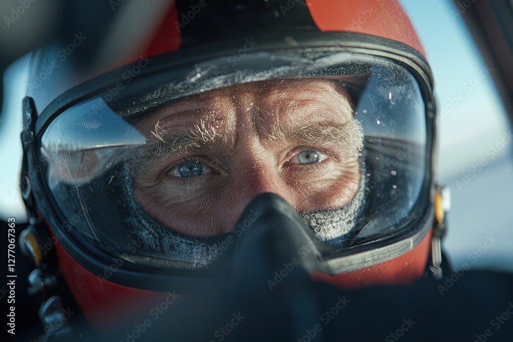 Fototapeta premium Pilot portrait blending with airplane in aviation environment close-up view of determination