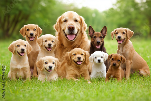 Adorable Group of Cute Puppies and Adult Dogs Sitting Together on Green Grass with Smiles